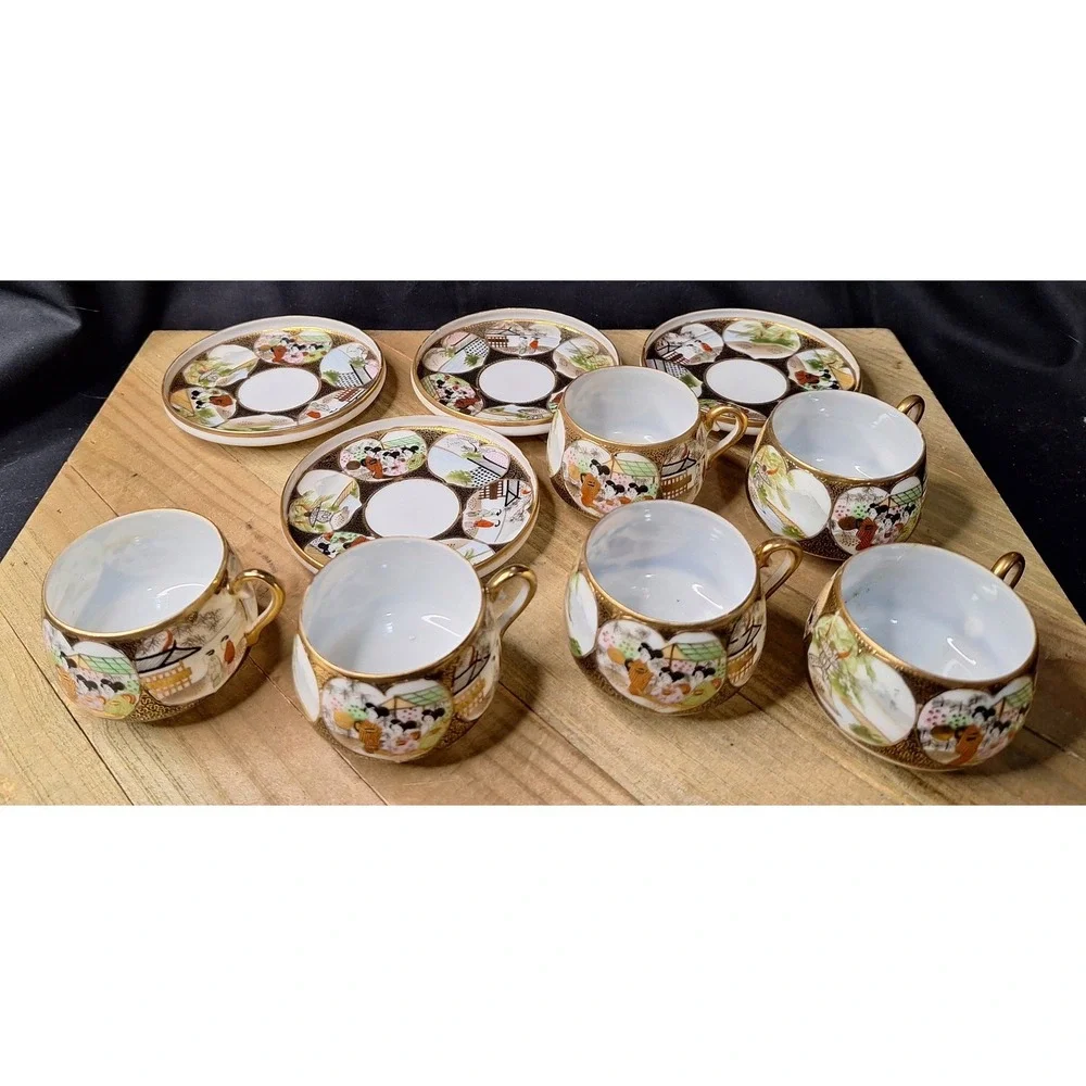Antique Japanese Satsuma Eggshell‎ Porcelain Tea Cups & Saucers Set of 10 Geisha